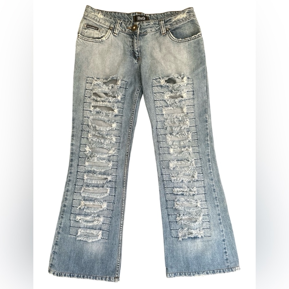 Archive Dolce Gabbana Poem Distressed Blue Denim Jeans 30 Rhinestone Y2K Flare - Picture 2 of 10